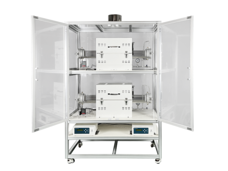 Multiple tube furnaces stacked vertically within a cabinet enclosure.