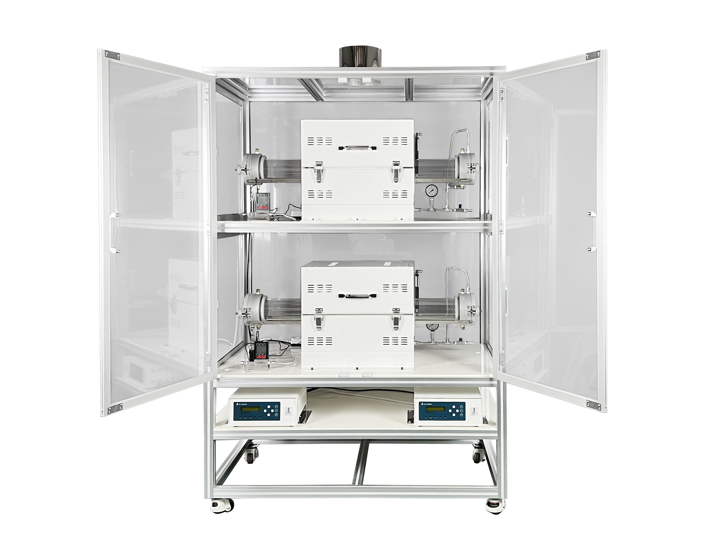 Multiple tube furnaces stacked vertically within a cabinet enclosure.