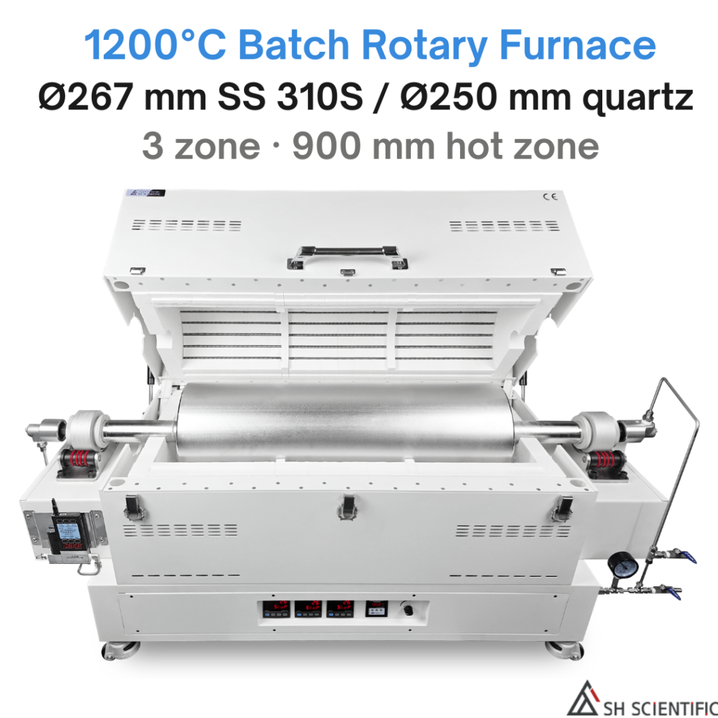 3 Zone Batch Rotary Furnace – 48L – Tapered Stainless 310S & Quartz Tube