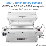 3 Zone Batch Rotary Furnace – 48L – Tapered Stainless 310S & Quartz Tube