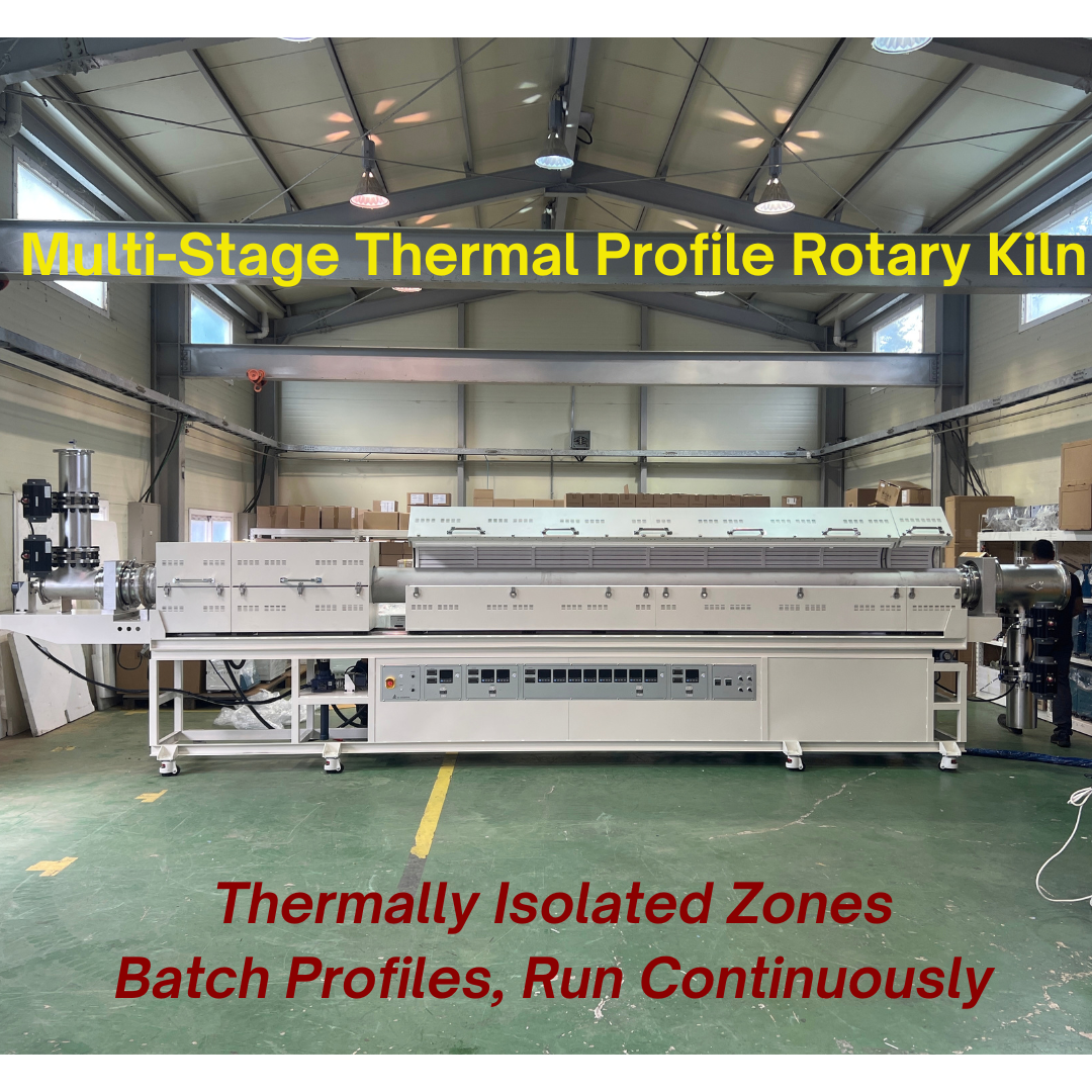 SH Scientific multi-stage pilot-scale rotary kiln with feeding vessels and four furnace sections