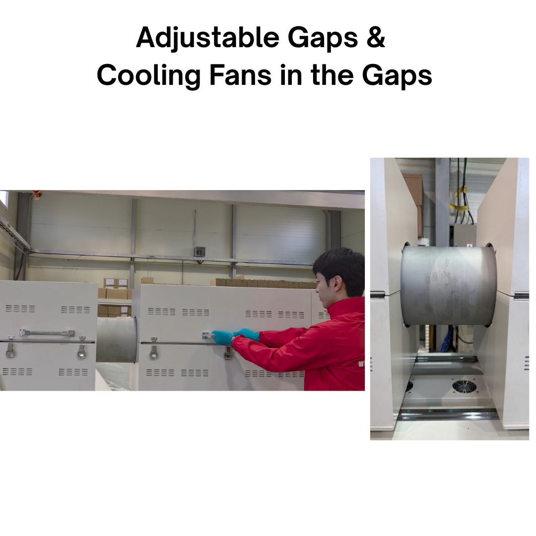 Adjustable gap between rotary kiln furnace sections showing the exposed tube, linear rails, and cooling fan